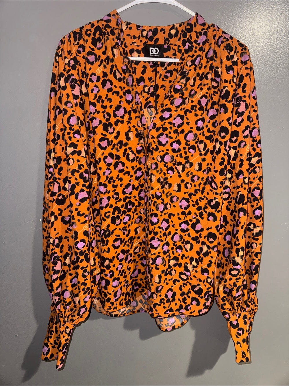 DD Orange Leopard-Print V-Neck Blouse with Pink Spots